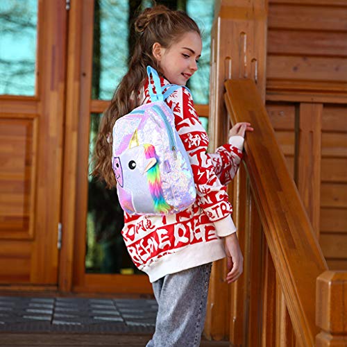 Mochila pequeña de niña Unicornio con lentejuelas y melena de felpa de arco iris