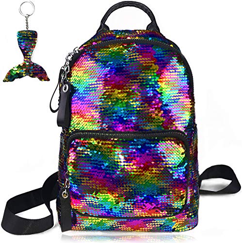 Mochila reversible con lentejuelas de color arco iris para la escuela o el ocio 29,2 x 11,9 x 39,4 cm