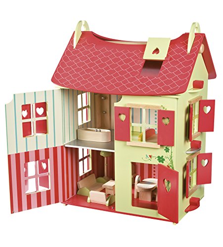 Muy femenina y romántica casa de muñecas de madera Janot con pequeños corazones