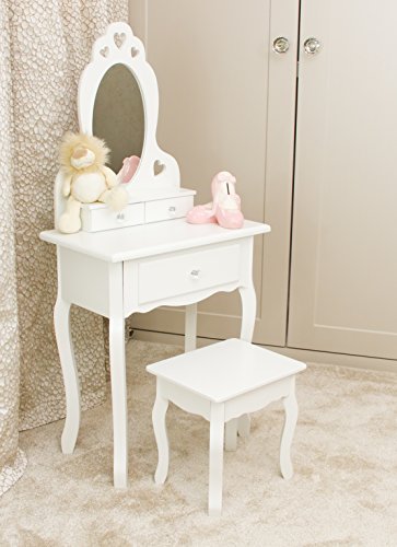 Romántico tocador de madera blanca de alta calidad con espejo y taburete para el cuarto de las chicas.