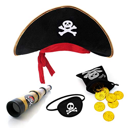 Sombrero de pirata y accesorios de pirata: tesoro, catalejo, diadema...