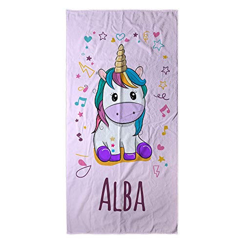 Toalla de baño de unicornio para niña en color malva en algodón y microfibra personalizable con el primer nombre