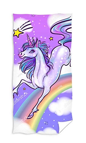 Toalla de unicornio y arco iris para niña en color malva de algodón