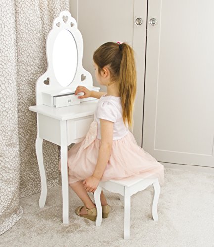 Tocador de madera blanca de alta calidad con espejo y taburete para el dormitorio de la chica.