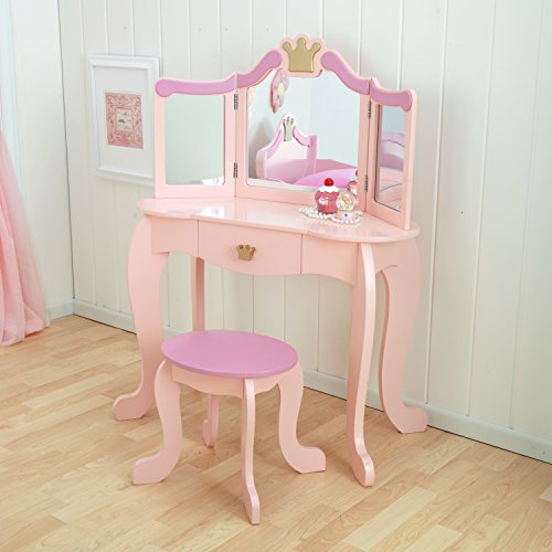 Tocador Kidcraft de palo de rosa de alta calidad con espejo de plástico de alta resistencia y taburete de princesa incluido para la habitación de la niña