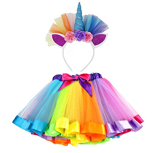 Tutu arco iris con una cinta de pelo de unicornio a juego para el disfraz.