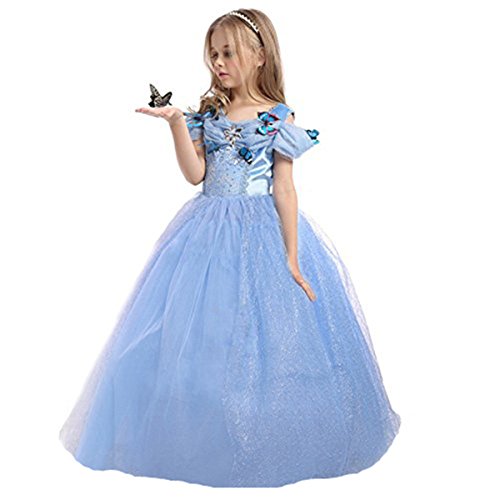 Vestido azul de princesa con mariposas, estilo Cenicienta para niña