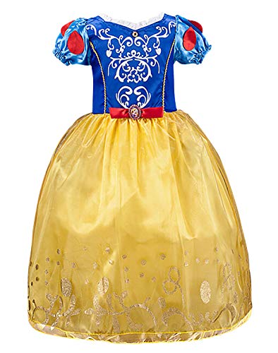 Vestido de Blancanieves para chica sin capa, pero con adornos en el torso.