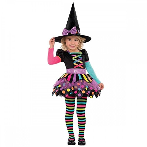 Vestido de bruja de Halloween de colores vivos al estilo del tutú: multicolor, con rayas y grandes puntos, con un aspecto infantil que recuerda los colores del arco iris.