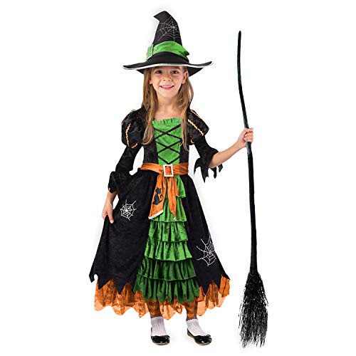 Vestido de bruja de Halloween en colores brillantes: naranja, verde y negro, vestido con volantes con un aspecto infantil