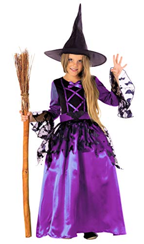 Vestido de bruja negro y púrpura para chica con sombrero puntiagudo y encaje de murciélago