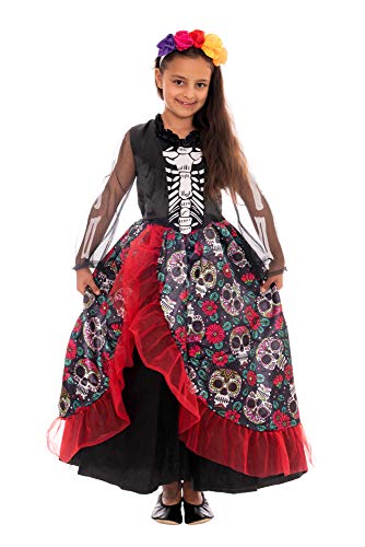 Vestido de la princesa Día de los muertos para niña: ¡Calaveras florecidas, huesos y volantes!