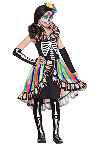 Vestido de la princesa Día de los muertos para niña: ¡colores de esqueleto y arco iris!