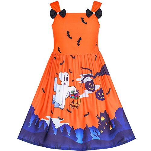 Vestido de noche de Halloween elegante y femenino en naranja y púrpura con calabazas.