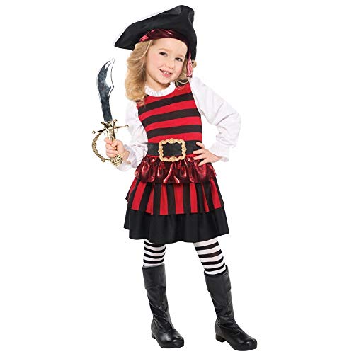 Vestido de pirata a rayas rojas y negras, disfraz de niña de Halloween con sombrero y espada