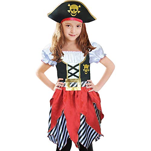 Vestido de pirata rojo, azul marino y negro, disfraz de niña de Halloween con sombrero de calavera