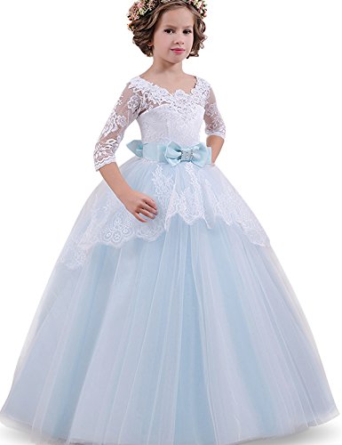 Vestido de princesa azul con volantes y busto de encaje para la chica