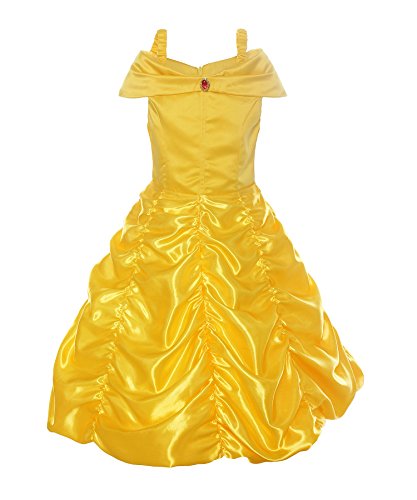 Vestido de princesa con volantes amarillos y busto con escote para chica