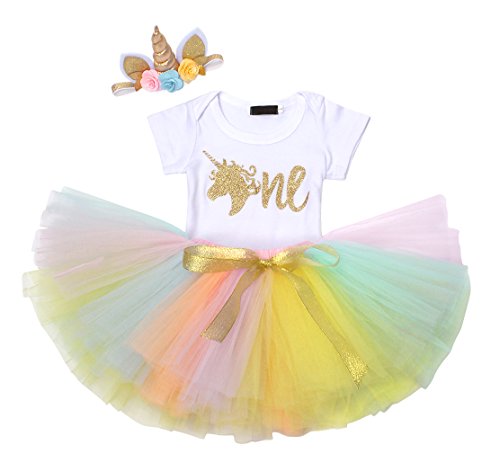 Vestido de tutú de bebé para el primer cumpleaños en el tema de moda del unicornio arco iris con una cinta de pelo a juego.