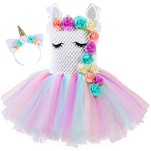 Vestido de unicornio arco iris con bufanda de flores