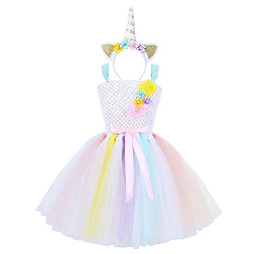 Vestido de unicornio multicolor con flores y cinta para la cabeza.