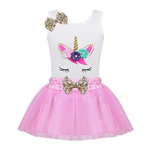 Vestido de unicornio rosa de tutú con un pequeño nudo dorado.