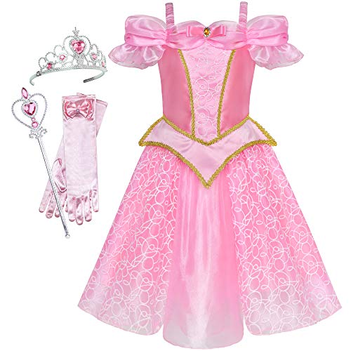 Vestido rosa claro de la princesa Bella Durmiente con mangas largas y tutú, con corona