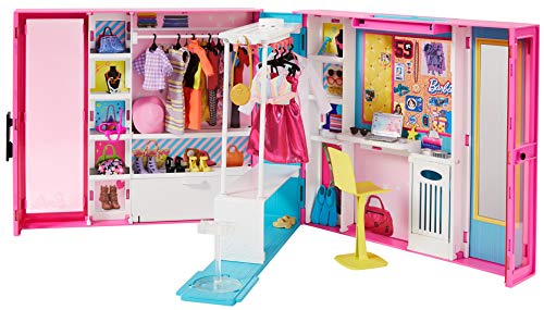 Vestidor de lujo de la Barbie Fashionista con 4 trajes y más de 25 accesorios