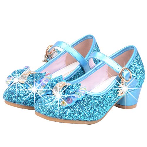 Zapatos de lentejuelas azules con pequeños tacones y detalle de lazo, para niña, etilo princesa