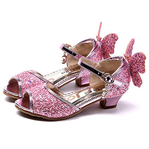 Zapatos rosa de tacón con mariposa brillantes de niña para la fiesta